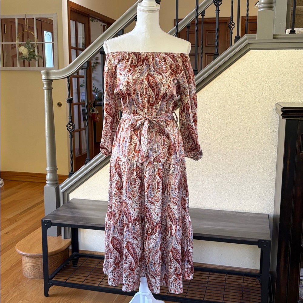 Lulu's Cream & Rust Colored Paisley 3/4 Sleeve Midi Dress Size XS
